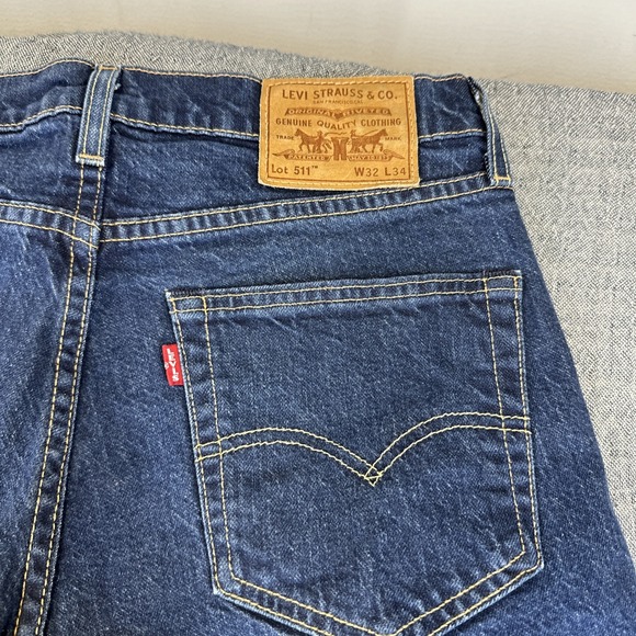 Levi's 511 Jeans 32X34 Mens Dark Blue Jeans Premium Denim BIG E Leather Patch - Picture 7 of 8